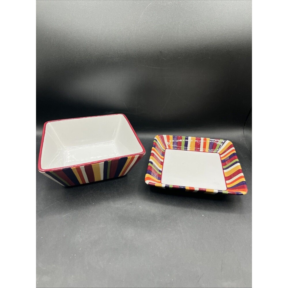 Pampered Chef Simple Additions Striped Square Bowl & Plate Set (2 Pieces)